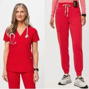 Figs SET  || Pop Red ||  Casma Scrub Top & Zamora High-Waisted Joggers